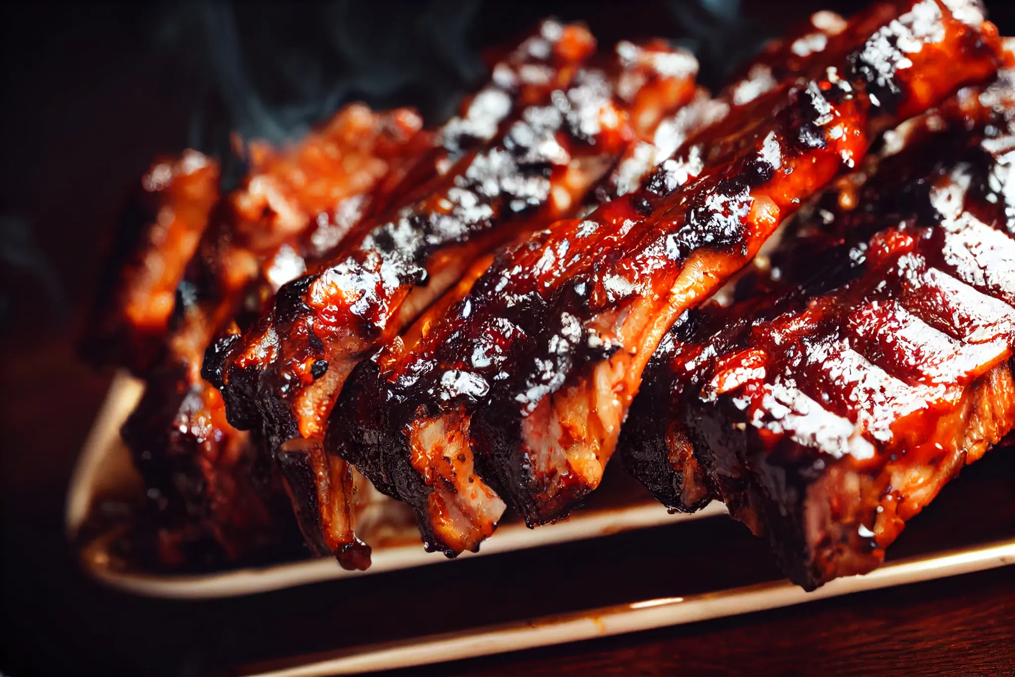 Smoked barbecue ribs glistening with sauce