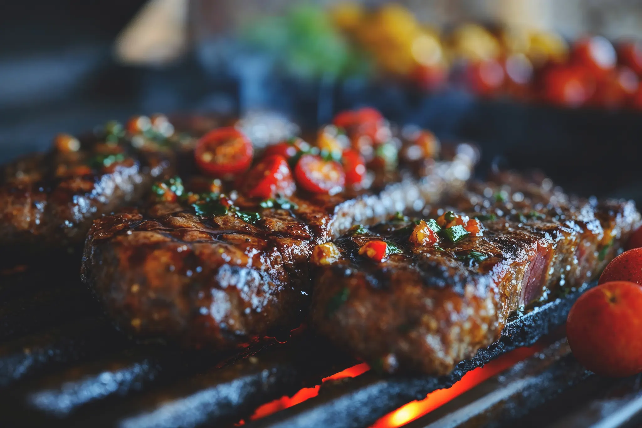 Grilled steak with tomato topping